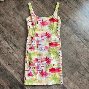 Vintage Maggy London Tropical Palm Scene Print Sleeveless Sheath Dress 10
